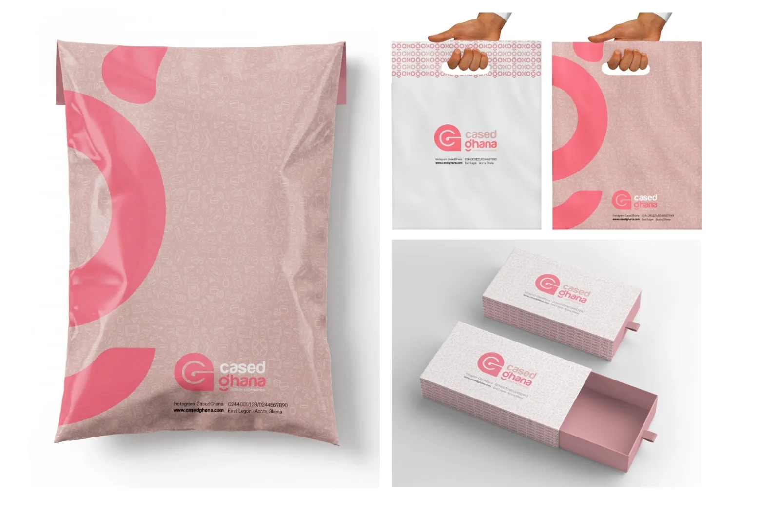 Cased Ghana pink brand identity and packaging
